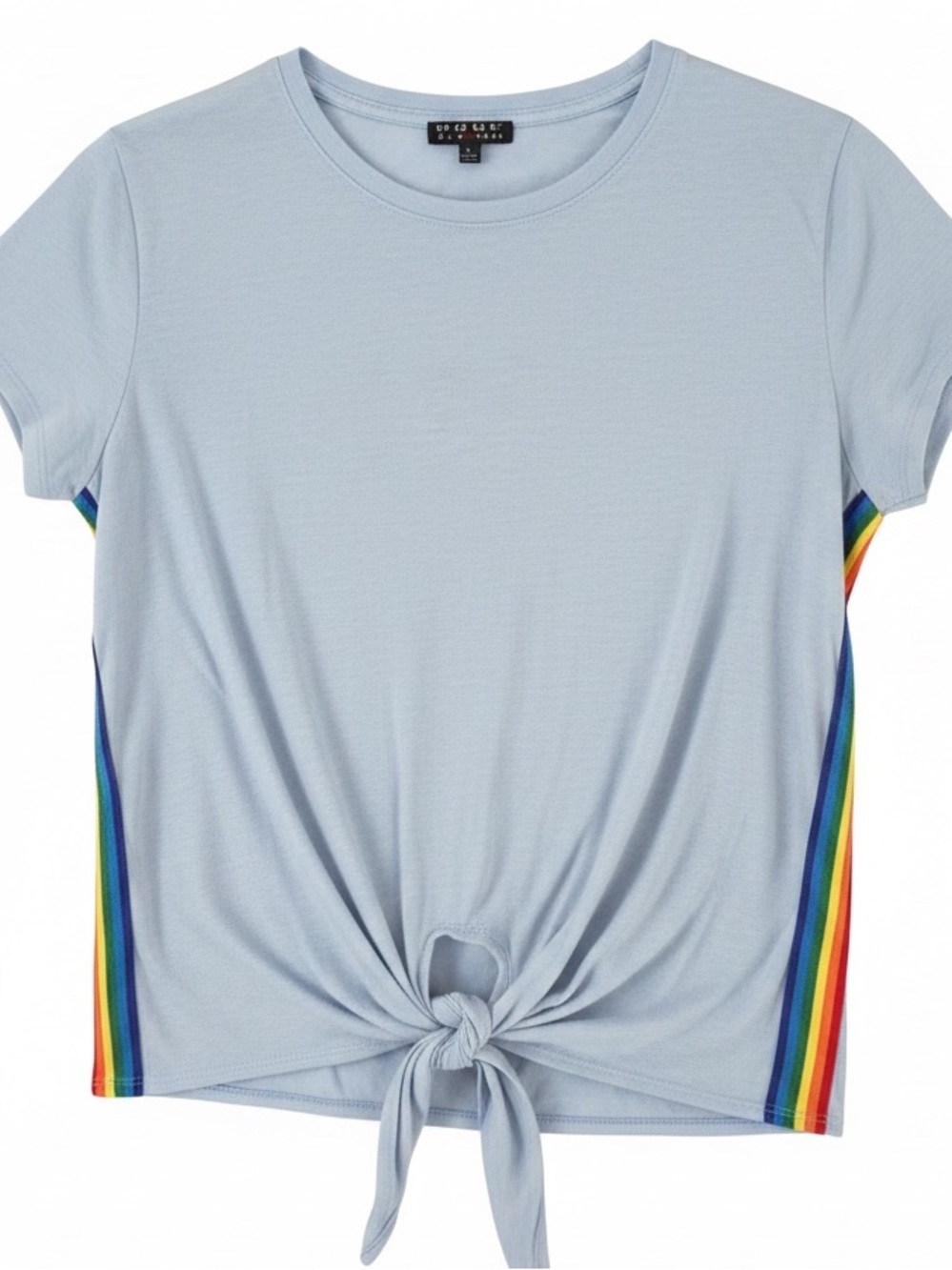 Poof New York Tie Front Tee Rainbow Stripes SZ L EUC Casual Pride Festival